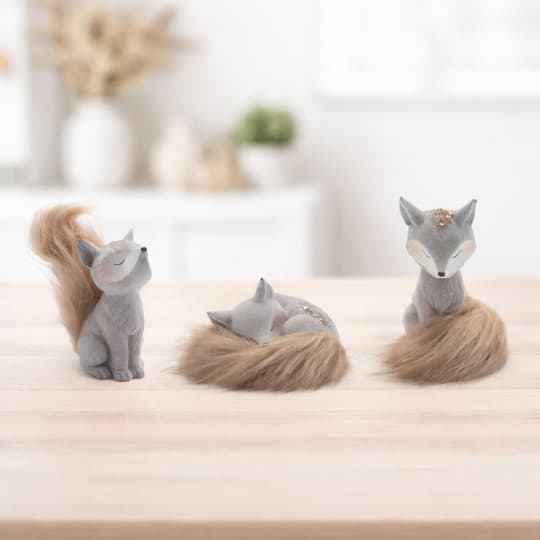 Melrose Woodland Fox Figurines with Faux Fur Tails Set